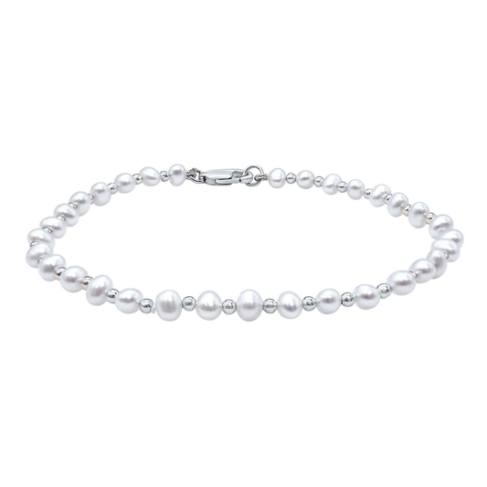 Organic Freshwater Pearl Beaded Anklet in Sterling Silver