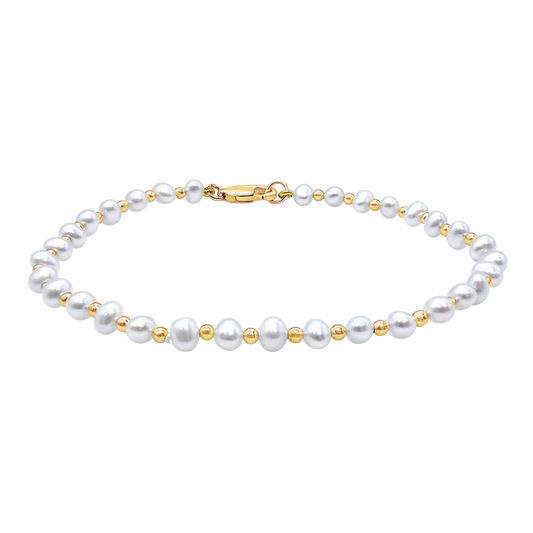 Organic Freshwater Pearl Beaded Anklet in 14K Yellow Gold